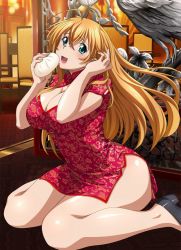 Rule 34 | 00s, 1girl, blonde hair, blush, breasts, dress, food, green eyes, ikkitousen, large breasts, long hair, looking at viewer, official art, open mouth, red dress, sitting, smile, solo, sonsaku hakufu