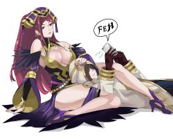 Rule 34 | 1boy, 1girl, bare shoulders, between legs, between thighs, breasts, bridal gauntlets, cleavage, fire emblem, fire emblem heroes, gloves, hand on another&#039;s head, hat, head between thighs, high heels, j@ck, kiran (fire emblem), kiran (male) (fire emblem), large breasts, loki (fire emblem), long hair, looking at another, nail polish, nintendo, purple hair, purple nails, thighs