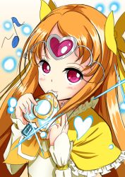 Rule 34 | 10s, 1girl, bow, circlet, cure muse, cure muse (yellow), hair bow, heart, highres, long hair, magical girl, musical note, orange hair, pink eyes, precure, quaver, shirabe ako, shiratama0426, smile, solo, suite precure, whistle, yellow bow