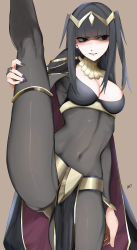 Rule 34 | 1girl, absurdres, arm at side, black eyes, black hair, blunt bangs, blush, bodystocking, breasts, cape, circlet, cleavage, covered navel, eyebrows, feet out of frame, female focus, fingernails, fire emblem, fire emblem awakening, fire emblem heroes, gorget, highres, kataku musou, leg hold, leg up, long hair, matching hair/eyes, medium breasts, nail polish, nintendo, parted lips, pelvic curtain, shaded face, sidelocks, sideways glance, skin tight, solo, split, standing, standing on one leg, standing split, sweatdrop, tharja (fire emblem), thighlet, thighs, two side up, v-shaped eyebrows