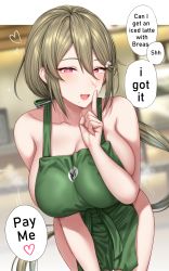 Rule 34 | 1girl, :p, absurdres, apron, blush, breasts, brown hair, collarbone, english text, green apron, hair between eyes, heart, heart-shaped pupils, highres, iced latte with breast milk (meme), large breasts, leaning forward, long hair, looking at viewer, meme, mole, mole under mouth, naked apron, nipples, original, pink hair, smile, solo, speech bubble, sweat, symbol-shaped pupils, tongue, tongue out, very long hair, yakimi 27