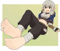Rule 34 | 1girl, bandages, barefoot, breasts, brown eyes, feet, fingerless gloves, foot focus, gloves, grey hair, highres, large breasts, midriff, open mouth, original, pants, pointy ears, simple background, softhanten, soles, solo, sweat, toes