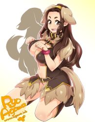 Rule 34 | 1girl, agawa ryou, animal ears, artist name, boots, bracelet, breasts, brown eyes, brown hair, center opening, cleavage, collar, commentary, animal collar, dog ears, dog tail, fang, heart, highres, jewelry, kneeling, large breasts, long hair, looking at viewer, matching hair/eyes, navel, open mouth, original, paw pose, showgirl skirt, solo, tail, waifu2x, watermark, web address