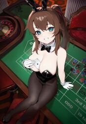 Rule 34 | 1girl, absurdres, animal ears, arm support, between breasts, black bow, black bowtie, black leotard, black pantyhose, blue eyes, blush, bow, bowtie, breasts, brown hair, card, card between breasts, casino, chair, commentary, detached collar, english commentary, fake animal ears, from above, full body, gloves, grin, highres, indoors, knees together feet apart, large breasts, leotard, looking at viewer, original, pantyhose, playboy bunny, playing card, ponytail, rabbit ears, roulette table, shoes, sidelocks, sitting, smile, solo, strapless, strapless leotard, table, traditional bowtie, vertigris, white gloves, wrist cuffs