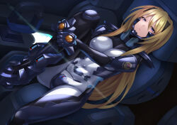 Rule 34 | 1girl, armored bodysuit, baldr sky, blonde hair, blue bodysuit, blue eyes, bodysuit, breasts, cockpit, controller, covered navel, fortified suit, headgear, highres, impossible bodysuit, impossible clothes, joystick, kirishima rain, kurione (zassou), large breasts, leg up, long hair, muv-luv, muv-luv alternative, shiny clothes, sitting, skin tight, solo, two-tone bodysuit