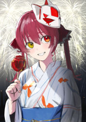 Rule 34 | 1girl, blush, candy apple, commentary request, emikan, fireworks, food, grey kimono, hair between eyes, hair ribbon, hand up, heterochromia, highres, holding, holding food, hololive, houshou marine, japanese clothes, kimono, long hair, looking at another, mask, mask on head, nail polish, night, obi, outdoors, red eyes, red hair, ribbon, sash, shadow, sidelocks, solo, striped clothes, striped kimono, teeth, twintails, upper body, virtual youtuber, yellow eyes, yukata