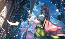 Rule 34 | 1girl, bamboo broom, bird, broom, chinese clothes, clock, clock tower, cloud, cloudy sky, day, feathers, flower, gate, hat, hong meiling, long hair, looking at viewer, md5 mismatch, petals, red hair, ryosios, scarlet devil mansion, sky, solo, statue, touhou, tower, tree, very long hair