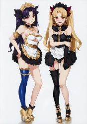 Rule 34 | 2girls, absurdres, alternate costume, apron, arm under breasts, asymmetrical legwear, bare shoulders, black dress, black leotard, blonde hair, blush, breasts, cleavage, cleavage cutout, clothing cutout, dress, earrings, embarrassed, enmaided, ereshkigal (fate), fate/grand order, fate (series), female focus, full body, gluteal fold, gold trim, grey background, hair ribbon, high heels, highres, hoop earrings, infinity symbol, ishtar (fate), jewelry, leotard, long hair, looking at viewer, maid, maid apron, maid headdress, maid leotard, medium breasts, multiple girls, open mouth, panties, parted bangs, purple hair, red eyes, reflection, ribbon, scan, simple background, single sleeve, single thighhigh, skull, smile, spine, standing, thighhighs, tiara, tohsaka rin, two side up, unconventional maid, underboob, underboob cutout, underwear, uneven legwear, waist apron, yd (orange maru), yellow footwear