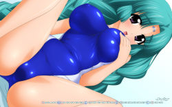 Rule 34 | 1girl, blunt bangs, braid, calendar, canal vorfeed, competition swimsuit, dutch angle, facial mark, forehead mark, green hair, highres, july, long hair, looking at viewer, lost universe, one-piece swimsuit, open mouth, purple eyes, sitting, smile, solo, spread legs, sugimura tomokazu, swimsuit, thick eyebrows, twin braids, wallpaper
