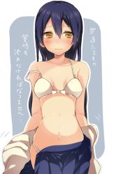 Rule 34 | 10s, 1girl, blue hair, blush, bra, breasts, long hair, love live!, love live! school idol project, midriff, miseo (mrkglove), navel, panties, pleated skirt, skirt, small breasts, solo, sonoda umi, strap slip, translation request, underwear, undressing, white bra, white panties, yellow eyes