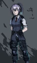 Rule 34 | 1girl, androth, arms behind back, backpack, bag, blue eyes, blush, boots, cargo pants, dazzle paint, formal, holster, knee pads, looking at viewer, military, original, pale skin, pants, pink hair, ponytail, short hair, smile, solo, suit