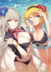 Rule 34 | 2girls, ahoge, bikini, black bikini, black hairband, black jacket, blonde hair, blue eyes, blurry, breasts, can, cleavage, commentary request, depth of field, fate/grand order, fate (series), flower, green eyes, grey hair, hair flower, hair ornament, hairband, highres, holding, holding can, hood, hoodie, jacket, jeanne d&#039;arc alter (swimsuit berserker) (fate), jeanne d&#039;arc (fate), jeanne d&#039;arc (ruler) (fate), jeanne d&#039;arc (swimsuit archer) (fate), jeanne d&#039;arc (swimsuit archer) (first ascension) (fate), jeanne d&#039;arc alter (fate), jeanne d&#039;arc alter (swimsuit berserker) (fate), long hair, looking at viewer, multiple girls, ocean, ohland, one eye closed, own hands together, shrug (clothing), smile, standing, swimsuit, v, very long hair