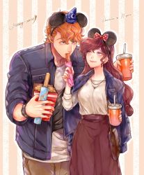 Rule 34 | 1boy, 1girl, bag, blue eyes, bow, brown pants, brown skirt, casual, character name, contemporary, cup, denim, denim jacket, dessert, disney, disposable cup, drinking straw, eye contact, feeding, food, hair bow, handbag, hat, hercules (disney), hercules (disney) (character), hetero, highres, holding, holding cup, holding food, jacket, jewelry, long hair, looking at another, megara (disney), mickey mouse ears, mizala, necklace, orange hair, pants, pocket, polka dot, polka dot bow, red bow, shirt, short hair, skirt, standing, striped, striped background, swept bangs, watch, white shirt, wizard hat, wristwatch