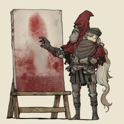 Rule 34 | 1boy, 1girl, absurdly long hair, absurdres, age difference, armor, ashes of ariandel, baby carry, beard, boots, canvas (object), capelet, carrying, child, closed eyes, closed mouth, dark souls (series), dark souls iii, easel, facial hair, fold-over boots, gloves, govy9807, grey gloves, grey hair, highres, hood, hood up, hooded capelet, hug, long hair, old, old man, painting woman (dark souls), red capelet, slave knight gael, standing, very long hair