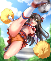 Rule 34 | 1girl, absurdres, alternate costume, ball, black hair, blue sky, breasts, brown eyes, cameltoe, cheerleader, cleft of venus, cloud, commission, crop top, day, elbow gloves, flying kick, gloves, hair ornament, hairclip, haruna (kancolle), highres, holding, holding pom poms, jumping, kantai collection, kicking, long hair, miniskirt, navel, no bra, orange panties, outdoors, paid reward available, panties, pixiv commission, pleated skirt, pom pom (cheerleading), pom poms, red skirt, shoes, skirt, sky, sleeveless, sneakers, soccer ball, socks, solo, sweat, underboob, underwear, white gloves, white socks, zanntetu