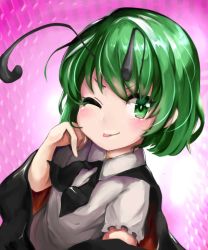 Rule 34 | 1860 (ichi), 1girl, ;p, antennae, cape, commentary request, eyelashes, gradient background, green eyes, green hair, hand on own cheek, hand on own face, looking at viewer, one eye closed, shirt, short hair, short sleeves, smile, solo, tongue, tongue out, touhou, upper body, white shirt, wriggle nightbug