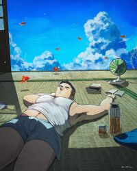 Rule 34 | 1boy, armpit hair, armpits, bara, blue male underwear, book, boxers, bulge, closed eyes, cloud, cloudy sky, cowboy shot, electric fan, facial hair, fat, fat man, fish, foreshortening, goatee stubble, goldfish, gow, highres, hot, large pectorals, lying, male focus, male underwear, midriff peek, muscular, muscular male, navel, on back, open book, original, pectorals, short hair, sidepec, sky, sleeping, solo, sparse navel hair, stubble, summer, tank top, thick eyebrows, thighs, underwater, underwear, white tank top