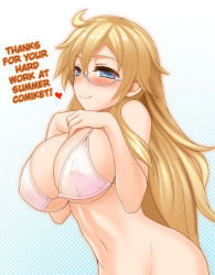 Rule 34 | 10s, 1girl, ben-tou, bikini, blonde hair, blue eyes, blush, bottomless, breasts, covered erect nipples, female focus, glasses, halftone, halftone background, happy, hard-translated, heart, large breasts, long hair, navel, nogi yasuhito, shaga ayame, smile, solo, standing, swimsuit, text focus, third-party edit, translated