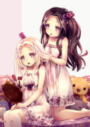 Rule 34 | 2girls, 54hao, barefoot, black hair, blush, bow, chemise, commentary request, hair bow, hair brush, hair ornament, hand mirror, highres, holding, kneeling, long hair, mirror, multiple girls, open mouth, original, parted bangs, pink background, purple bow, purple eyes, siblings, sisters, sitting, stuffed animal, stuffed dolphin, stuffed penguin, stuffed toy, teddy bear, twins, two-tone background, very long hair, white background, white hair, x hair ornament