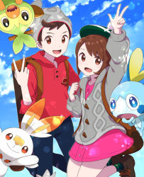 Rule 34 | 1boy, 1girl, :d, arm up, backpack, bag, beanie, bob cut, boots, brown bag, brown eyes, brown footwear, brown hair, buttons, cable knit, cardigan, cloud, collared dress, commentary request, creatures (company), day, denim, dress, game freak, gen 8 pokemon, gloria (pokemon), green headwear, green legwear, grey cardigan, grey headwear, grookey, hat, hirako, hooded cardigan, inward v, jeans, nintendo, open mouth, outdoors, pants, pink dress, plaid, plaid legwear, pokemon, pokemon (creature), pokemon swsh, red shirt, scorbunny, shirt, shoes, short hair, sky, sleeves rolled up, smile, sobble, socks, starter pokemon trio, suitcase, swept bangs, tam o&#039; shanter, tongue, torn clothes, torn jeans, torn pants, victor (pokemon), w