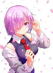 Rule 34 | 1girl, artist request, bare shoulders, black shirt, breasts, cherry blossoms, closed mouth, collared shirt, commentary request, fate/grand order, fate (series), fingernails, grey jacket, hair over one eye, hand in own hair, highres, jacket, jacket partially removed, large breasts, looking at viewer, mash kyrielight, necktie, one eye covered, open clothes, open jacket, petals, pink hair, purple eyes, red necktie, shirt, short hair, simple background, sleeveless, sleeveless shirt, solo, white background