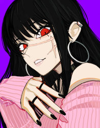 Rule 34 | 1girl, absurdres, black hair, black nails, chainsaw man, earrings, highres, hoop earrings, jewelry, long hair, looking at viewer, off-shoulder sweater, off shoulder, parted lips, pink sweater, purple background, red eyes, ring, ringed eyes, sailen0, simple background, sleeves past wrists, smile, solo, sweater, yoru (chainsaw man)