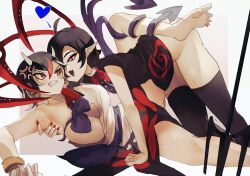 Rule 34 | 2girls, anger vein, angry, armpits, asymmetrical wings, black dress, black hair, black thighhighs, bow, bowtie, breasts, clenched teeth, dress, fangs, heart, highres, horns, houjuu nue, kijin seija, large breasts, leg up, lying, multicolored hair, multiple girls, nail polish, naufaldreamer, on side, pointy ears, polearm, red eyes, red hair, red nails, shirt, short hair, simple background, streaked hair, teeth, thighhighs, torn clothes, torn shirt, touhou, trident, weapon, white hair, wings, yuri