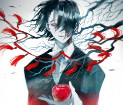 Rule 34 | 1boy, apple, black hair, black jacket, branch, closed mouth, collared shirt, colored skin, commentary request, food, formal, fruit, furuta nimura, grey background, grey eyes, grey skin, hair over one eye, hand up, highres, holding, holding food, holding fruit, jacket, koujima shikasa, long sleeves, looking at viewer, male focus, mole, mole under eye, neck ribbon, red ribbon, ribbon, shirt, short hair, smile, solo, tokyo ghoul, tokyo ghoul:re, upper body, white shirt