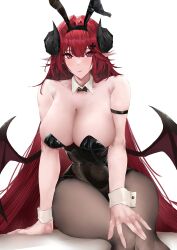 Rule 34 | 1girl, absurdres, animal ears, azur lane, bare shoulders, black horns, black leotard, black pantyhose, bow, bowtie, breasts, cleavage, cross hair ornament, curled horns, demon girl, demon horns, demon wings, detached collar, fake animal ears, hair intakes, hair ornament, highres, hindenburg (azur lane), hindenburg (delirious duel) (azur lane), horns, huge breasts, leotard, long hair, looking at viewer, official alternate costume, pantyhose, playboy bunny, pointy ears, rabbit ears, red eyes, red hair, ritalem, simple background, sitting, solo, strapless, strapless leotard, traditional bowtie, very long hair, white background, wings, wrist cuffs
