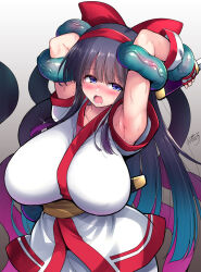 Rule 34 | 1girl, ainu clothes, alternate breast size, armpits, arms behind head, blue eyes, blush, breasts, c.r., fingerless gloves, gloves, hair ribbon, highres, huge breasts, legs, long hair, moaning, molestation, nakoruru, open mouth, pants, purple hair, ribbon, samurai spirits, snk, tentacles, the king of fighters, thighs, weapon