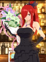 Rule 34 | 1girl, absurdres, arm tattoo, bare shoulders, black dress, black gloves, bouquet, breasts, brown eyes, cleavage, dress, erza scarlet, fairy tail, flower, frilled dress, frills, gloves, hair over one eye, hair ribbon, hand on own hip, highres, jewelry, large breasts, long hair, looking at viewer, necklace, planeptune, ponytail, red hair, ribbon, solo, strapless, strapless dress, tattoo