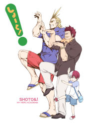 Rule 34 | 10s, 3boys, age difference, all might, arms up, bag, beard, black footwear, black shirt, blonde hair, blue shirt, blue shorts, boku no hero academia, character name, child, collared shirt, copyright name, dress shirt, endeavor (boku no hero academia), english text, facial hair, father and son, fire, grin, height difference, heterochromia, highres, jewelry, leg up, male focus, multicolored hair, multiple boys, muscular, necklace, omega 2-d, open mouth, pants, parody, parted lips, polo shirt, raglan sleeves, red hair, red shorts, sandals, shirt, shoes, short hair, short sleeves, shorts, sleeves rolled up, slippers, smile, spiked hair, standing, standing on one leg, t-shirt, teeth, todoroki shouto, two-tone hair, watch, white hair, white pants, wristwatch, yagi toshinori, yotsubato!, yotsubato! pose