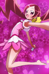 Rule 34 | 10s, 1girl, armpit peek, armpits, barefoot, bottle, cure blossom, hanasaki tsubomi, haruyama kazunori, heartcatch precure!, long hair, looking at viewer, magical girl, open mouth, pink background, pink eyes, precure, red hair, skirt, solo, spray bottle, transformation, twintails