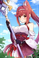 Rule 34 | 1girl, bafarin, bare shoulders, black gloves, bow, breasts, chest jewel, closed mouth, detached sleeves, fingerless gloves, glimmer (xenoblade), gloves, gradient hair, hairband, halterneck, high ponytail, highres, holding, holding staff, holding weapon, japanese clothes, kimono, long hair, looking at viewer, medium breasts, multicolored hair, obi, pink kimono, ponytail, purple hair, red bow, red hair, sash, short kimono, sidelocks, solo, staff, swept bangs, very long hair, weapon, white kimono, white sleeves, wide sleeves, xenoblade chronicles (series), xenoblade chronicles 3, xenoblade chronicles 3: future redeemed, yellow eyes