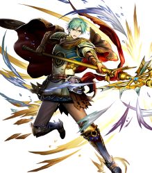 Rule 34 | 1boy, aqua hair, armor, asatani tomoyo, attack, belt, black cape, blue armor, blue eyes, blue fire, blue footwear, boots, brown pants, cape, energy, ephraim (fire emblem), fire, fire emblem, fire emblem: the sacred stones, fire emblem heroes, full body, gauntlets, greaves, green hair, highres, holding, holding weapon, lance, male focus, multiple belts, nintendo, official art, open mouth, pants, polearm, serious, shoulder armor, solo, teeth, transparent background, weapon, white background