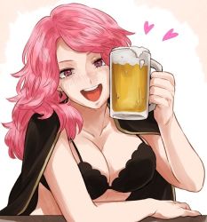 Rule 34 | 1girl, alcohol, bad id, bad pixiv id, beer, beer mug, bikini, black clover, blush, bra, breasts, cleavage, cup, heart, large breasts, long hair, mug, open mouth, pink hair, purple eyes, simple background, smile, solo, swimsuit, underwear, upper body, vanessa enoteca, white background, yoshitaro (almendra)
