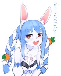 Rule 34 | 1girl, :3, :d, animal ear fluff, animal ears, bare shoulders, blue hair, bow, braid, breasts, carrot hair ornament, cleavage, commentary, detached sleeves, english commentary, food-themed hair ornament, furrification, furry, furry female, hair bow, hair ornament, hololive, jitome, long hair, looking at viewer, multicolored hair, open mouth, puffy detached sleeves, puffy sleeves, rabbit ears, rabbit girl, red eyes, small breasts, smile, solo, translation request, twin braids, two-tone hair, usada pekora, usada pekora (1st costume), virtual youtuber, white bow, white hair, yoako