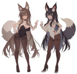 Rule 34 | 2girls, absurdres, animal ear fluff, animal ears, bare shoulders, black choker, black footwear, black hair, black leotard, blue eyes, blush, breasts, brown eyes, brown hair, brown pantyhose, choker, closed mouth, collarbone, commentary, covered navel, eyelashes, fox ears, fox girl, fox tail, full body, hair between eyes, hand on own hip, hand up, heart, heart print, high heels, highres, large breasts, leotard, long hair, multiple girls, original, pantyhose, playboy bunny, shoes, sidelocks, simple background, smile, standing, symbol-only commentary, tail, tongue, tongue out, v, white background, white footwear, white leotard, wrist cuffs, zerocat
