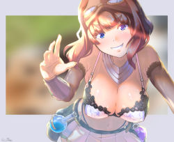 Rule 34 | 1girl, blue eyes, blunt bangs, blush, bra, breasts, brown hair, cleavage, commentary request, cowboy shot, flask, genetic (ragnarok online), goggles, goggles on head, grin, lace, lace bra, large breasts, leaning forward, long hair, looking at viewer, midriff, miniskirt, navel, potion, ragnarok masters, ragnarok online, reihou19, round-bottom flask, skirt, smile, solo, underwear, vambraces, vial, white bra, white skirt