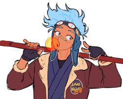 Rule 34 | 1boy, bandages, bandaid, bandaid on face, black gloves, blue eyes, blue hair, boku no hero academia, brown jacket, blowing bubbles, chewing gum, english text, fingerless gloves, fur trim, gloves, goggles, goggles on head, highres, jacket, looking to the side, loud cloud, male focus, pale skin, short hair, simple background, solo, spidertams, staff, white background