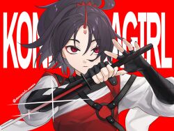 Rule 34 | 1girl, akatsuki records, annindofu umaaa, black gloves, black hair, black shirt, closed mouth, commentary request, english text, facial mark, fingerless gloves, forehead mark, gloves, highres, holding, holding sword, holding weapon, horns, konngara (touhou), long hair, looking at viewer, ponytail, red eyes, red shirt, shirt, single horn, solo, sword, touhou, touhou (pc-98), twitter username, upper body, weapon, white shirt