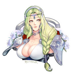 Rule 34 | 1girl, armor, blonde hair, braid, braided ponytail, breasts, cape, cleavage, fire emblem, fire emblem heroes, flower, large breasts, lips, looking to the side, meziosaur, nintendo, nott (fire emblem), pink lips, red cape, shoulder armor, solo, tiara, upper body