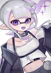 Rule 34 | 1girl, :d, belt collar, black jacket, collar, commentary request, cropped shirt, d msy8, grey hair, highres, inkling, inkling girl, inkling player character, jacket, long hair, looking at viewer, midriff, multicolored hair, navel, nintendo, off-shoulder shirt, off shoulder, open clothes, open jacket, open mouth, pointy ears, purple eyes, purple hair, shirt, smile, solo, sparkle, splatoon (series), tentacle hair, two-tone hair, white shirt