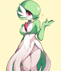 Rule 34 | 1girl, arm behind back, artist name, bags under eyes, bob cut, breasts, choker, cleavage, closed mouth, collarbone, colored skin, covered navel, creatures (company), female focus, game freak, gardevoir, gazericc, gen 3 pokemon, green choker, green hair, green skin, groin, hair over one eye, hand up, happy, heart, knees together feet apart, looking at viewer, medium breasts, multicolored skin, nintendo, notice lines, one eye covered, pokemon, pokemon (creature), red eyes, shiny skin, short hair, simple background, smile, solo, spoken heart, standing, thighs, twitter username, two-tone skin, watermark, white skin, yellow background