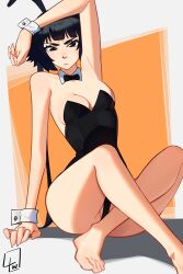 Rule 34 | 1girl, absurdres, animal ears, arm support, arm up, armpits, bare legs, bare shoulders, barefoot, black bow, black bowtie, black eyes, black hair, black leotard, bleach, border, bow, bowtie, breasts, censored feet, closed mouth, crossed legs, detached collar, eyelashes, fake animal ears, feet, foot out of frame, grey border, highres, l4wless, legs, leotard, long hair, looking at viewer, medium breasts, on ground, orange background, partially visible vulva, playboy bunny, rabbit ears, signature, sitting, sleeve cuffs, solo, sui-feng, toenails, toes, undersized breast cup, very long hair