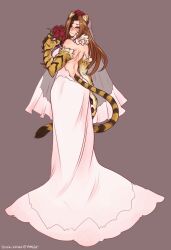 Rule 34 | animal ears, animal hands, artist name, ass, back, backless dress, backless outfit, blush, bouquet, bride, brown hair, claws, dress, facial mark, flower, full body, gyarusatan, highres, holding, holding bouquet, jinko (monster girl encyclopedia), large hands, long hair, long tail, looking at viewer, monster girl, monster girl encyclopedia, monster girl encyclopedia ii, muscular, muscular female, rose, smile, striped tail, tail, tiger ears, tiger girl, tiger paws, tiger stripes, tiger tail, veil, wedding dress, whisker markings, white dress