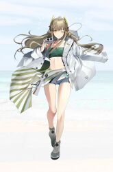 1girl absurdres alternate_costume arknights bikini brown_hair camera commentary crop_top elf full_body green_tank_top grey_shorts hashtag-only_commentary highres holding holding_camera inusodate jacket long_hair looking_at_viewer midriff muelsyse_(arknights) navel one_eye_closed open_clothes open_jacket pointy_ears shoes short_shorts shorts solo swimsuit tank_top white_bikini white_jacket