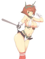 Rule 34 | 10s, 1girl, adapted costume, bad id, bad nijie id, bare shoulders, blush, breasts, brown hair, cleavage, covered erect nipples, gloves, green eyes, headgear, kantai collection, large breasts, microskirt, mutsu (kancolle), nakadori (movgnsk), navel, red thighhighs, short hair, skirt, solo, sword, thighhighs, weapon, white background, white gloves