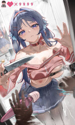 1girl 1other absurdres bare_shoulders black_pantyhose blue_eyes blue_hair blue_skirt chinese_commentary closed_mouth clothes_lift collarbone commentary_request cowboy_shot dildo fingernails gameplay_mechanics hair_intakes hair_ornament hairband highres hitachi_magic_wand holding holding_knife holding_sex_toy huade_xiami knife long_hair looking_at_viewer miside mita_(miside) neck_ribbon nipples pantyhose pink_shirt pleated_skirt pov purple_eyes red_hairband red_ribbon reflection ribbon sex_toy shirt shirt_lift shower_(place) skirt two-tone_eyes vibrator