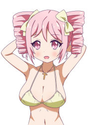 Rule 34 | 1girl, blush, bow, breasts, cleavage, collarbone, cross, cross necklace, drill hair, hair bow, hair ornament, highres, jashin-chan dropkick, jewelry, large breasts, navel, necklace, open mouth, pink eyes, pink hair, pino (jashin-chan dropkick), simple background, smile, solo, twin drills, upper body, white background